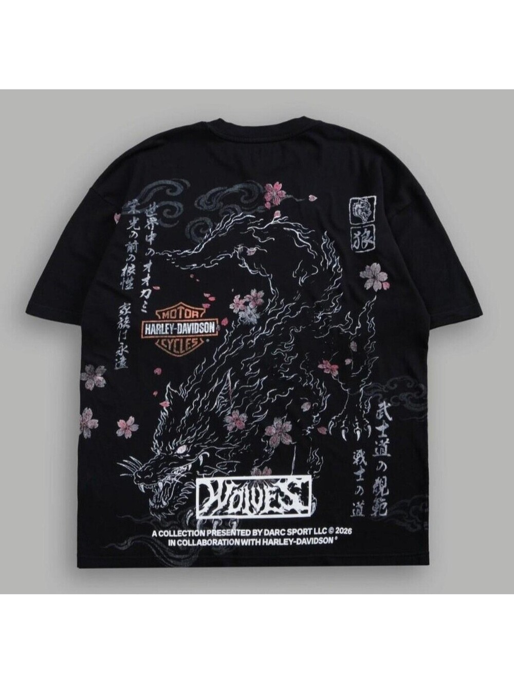 Darc Sport H-D x Bushido side by side tee black t-shirt with Wolf design L